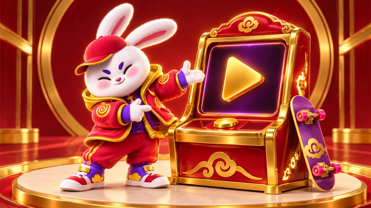 Ilustração do coelhinho de Fortune Rabbit diante de um terminal com botão de play dourado