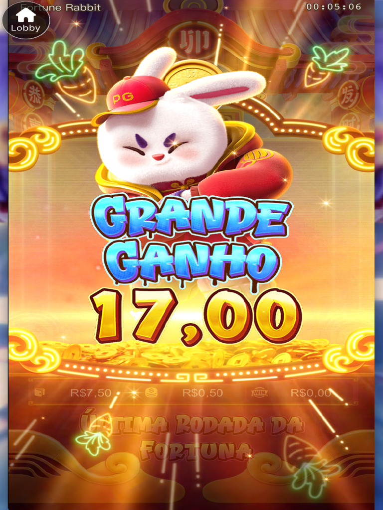 Tela de Big Win do Fortune Rabbit em português: Grande Ganho de 17,00 e aposta exibida de R$ 0,50