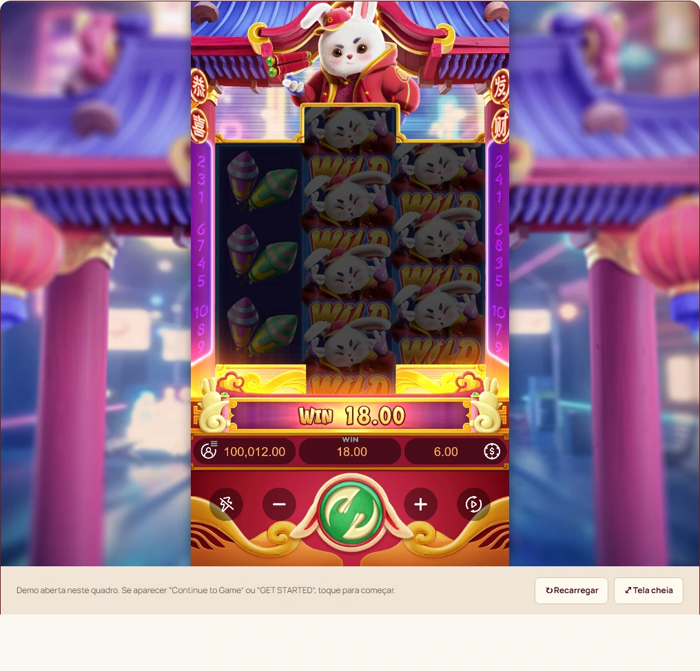 Rodada da demo Fortune Rabbit: WIN de 18, aposta de 6 e saldo final de 100.012 créditos virtuais