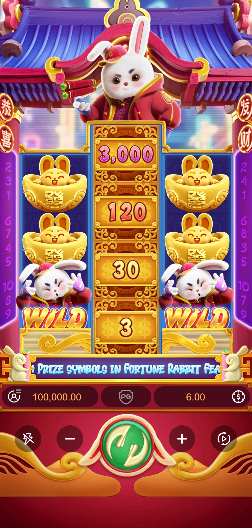 Tela vertical da demo Fortune Rabbit com três rolos, símbolos Prize, Wild e botão de giro