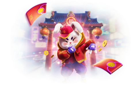 Fortune Rabbit em PNG: coelhinho de roupa vermelha com skate e cenário de lanternas